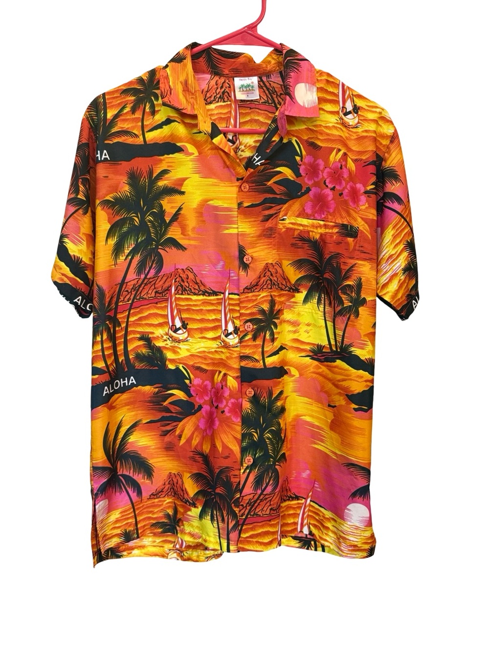 Happy Bay Hawaiian Aloha Shirt Small Sunset Palm Tree Surf Tropical Button Up